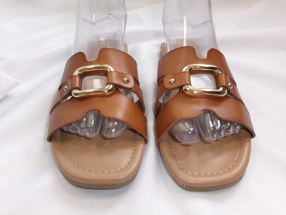 Time and Tru Cognac Double Strap Slide Sandals Gold Buckle Women's 8.5 NWOT